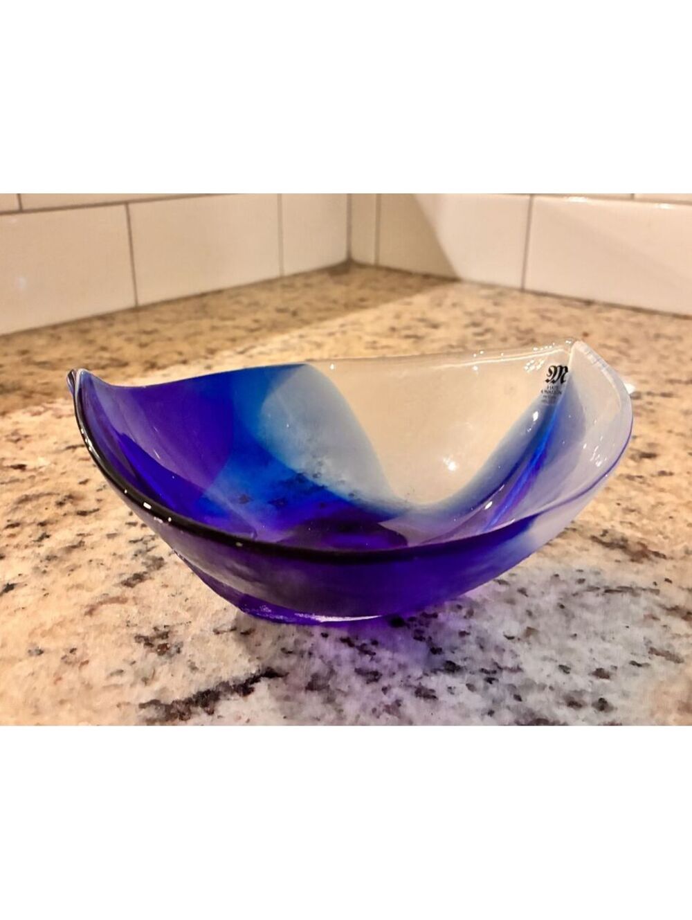 Mats Jonasson Sweden Full Lead Blue and Clear Art Glass Bowl